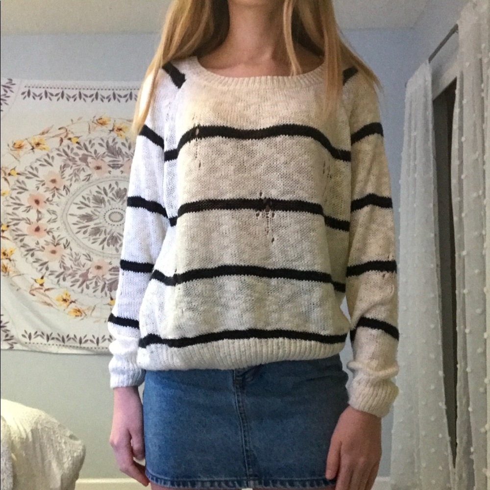 White and black striped distressed sweater